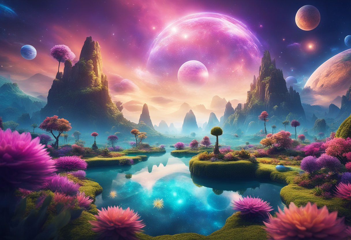 A vibrant, otherworldly landscape with floating islands, glowing flora, and fantastical creatures roaming. The sky is filled with swirling colors and mysterious celestial bodies