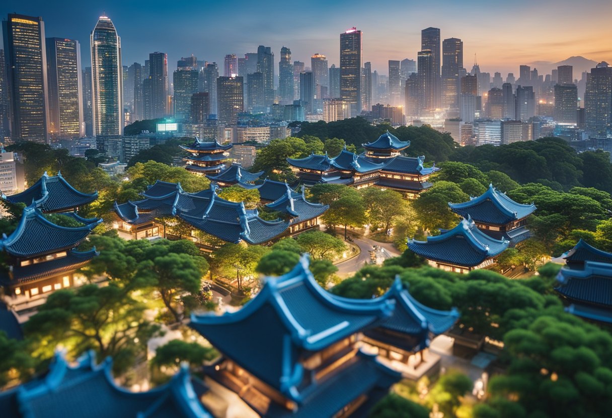 A vibrant cityscape with futuristic skyscrapers and traditional Korean architecture blending seamlessly, surrounded by lush greenery and colorful gardens