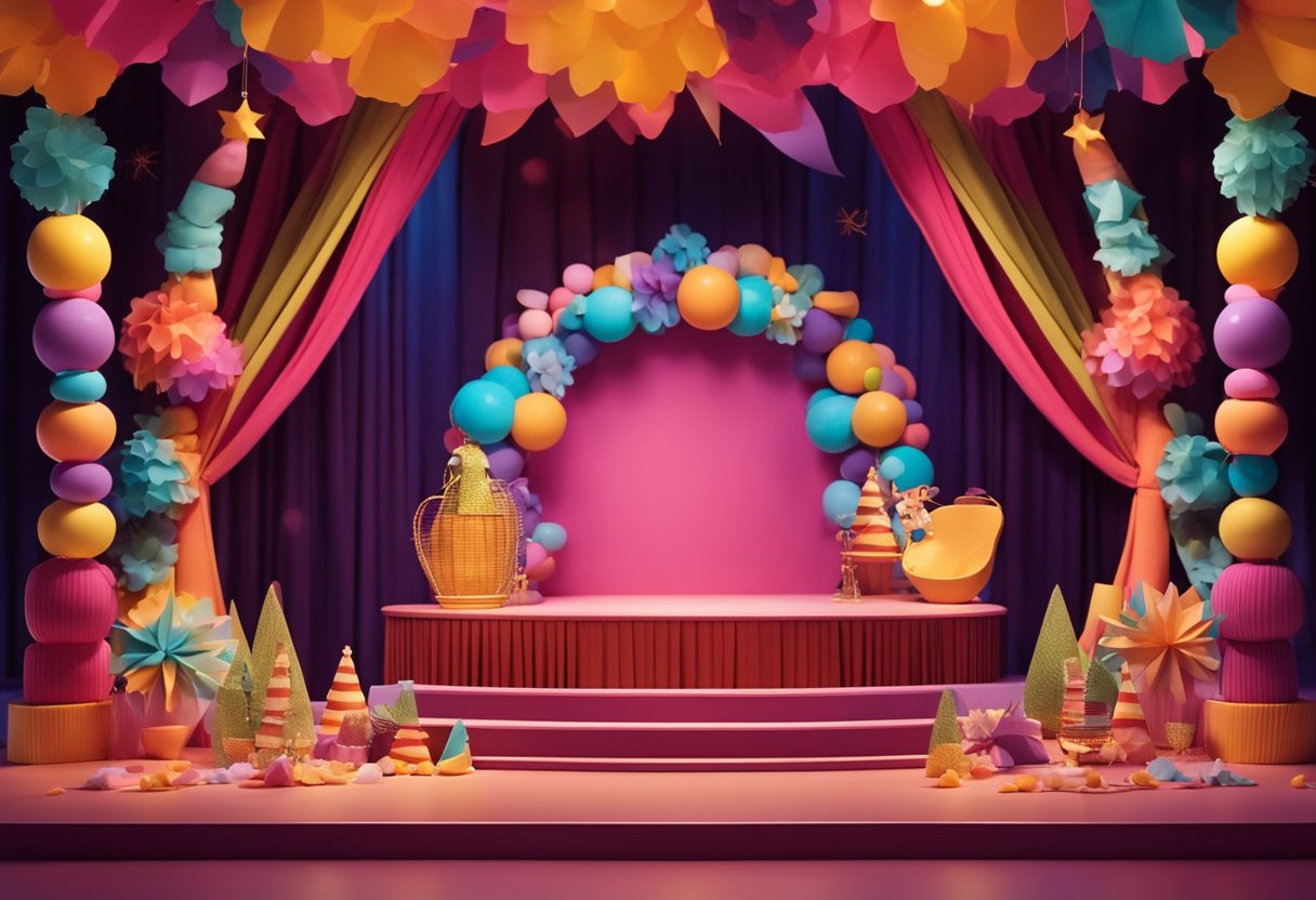 A colorful stage with a playful and vibrant backdrop, adorned with whimsical props and elements representing laughter and joy