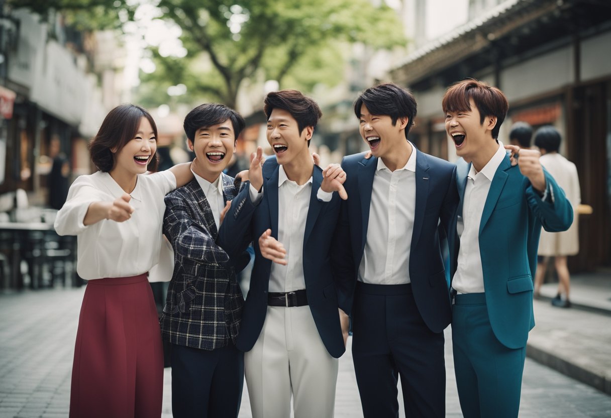 A group of comical characters from recent doramas engage in a lively, laughter-filled interaction, showcasing their unique personalities and humorous quirks