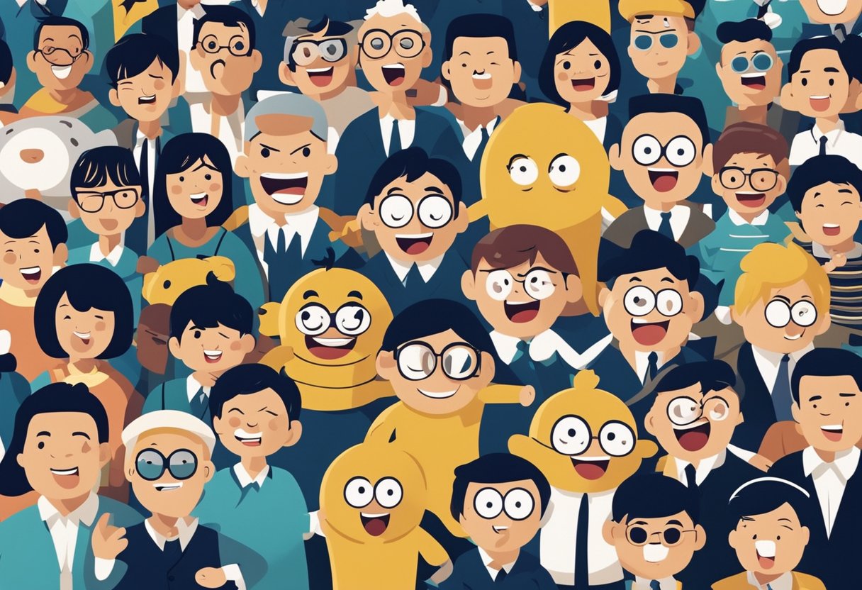 A group of comical characters from recent doramas interact in a lively and humorous manner, expressing their unique personalities through exaggerated facial expressions and body language