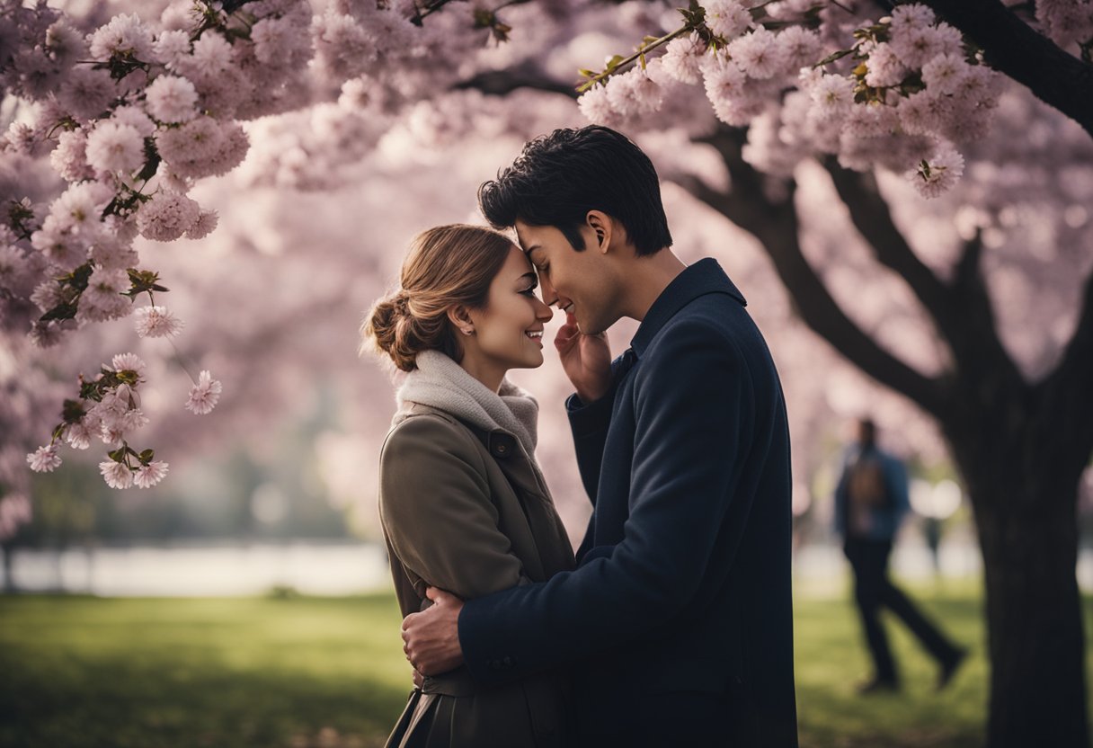 A couple embraces under a cherry blossom tree, tears streaming down their faces as they confess their love in a dramatic and emotional scene from a romantic drama series