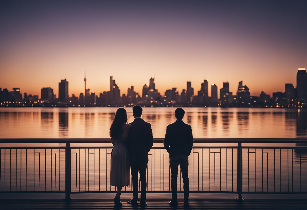 A couple standing on a bridge at sunset, embracing each other with a backdrop of a city skyline and twinkling lights reflecting on the water below