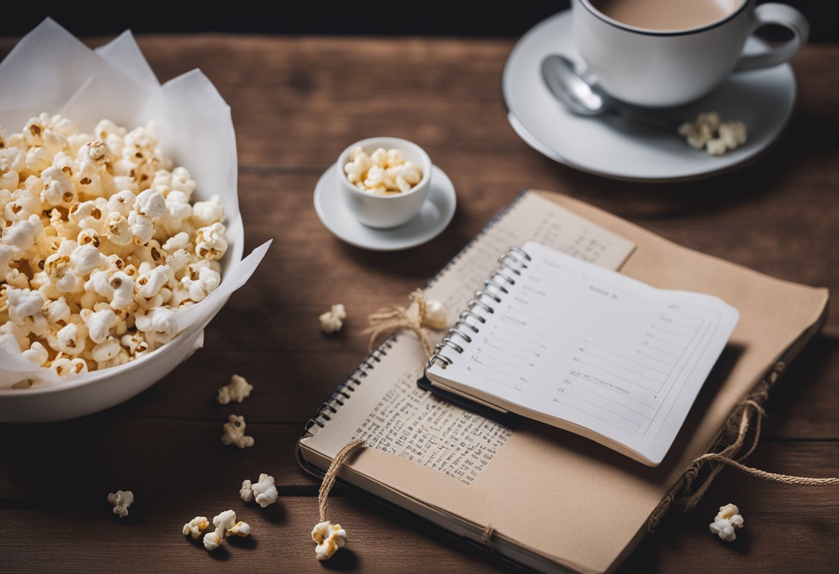 A table with a stack of romantic drama DVDs, a cozy blanket, and a bowl of popcorn, surrounded by tissues and a diary with emotional scribbles