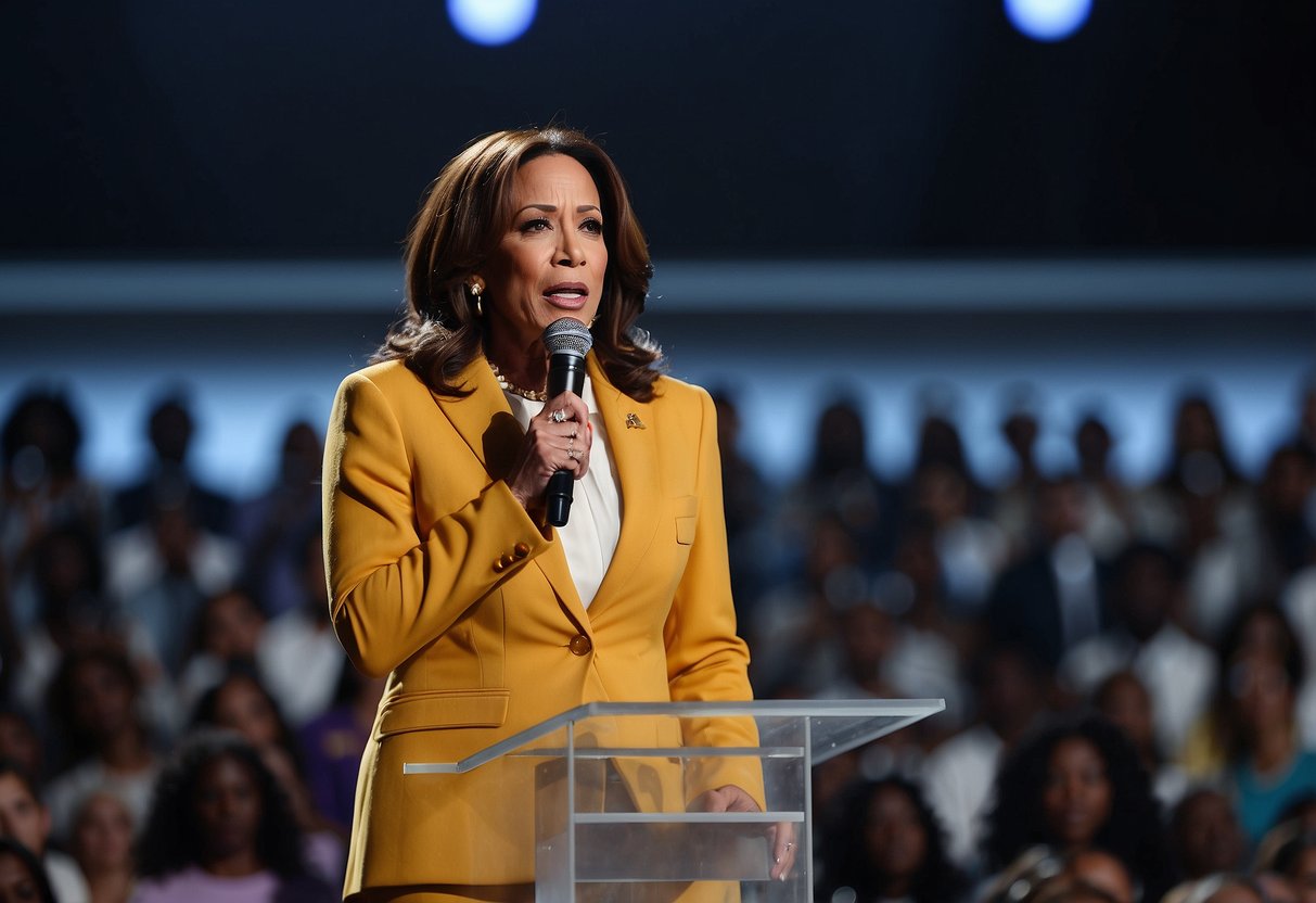 Kamala Harris stands on stage at the BET Awards, addressing the audience with a confident and powerful presence. The crowd is captivated as she delivers her speech, emphasizing the importance of diversity and equality