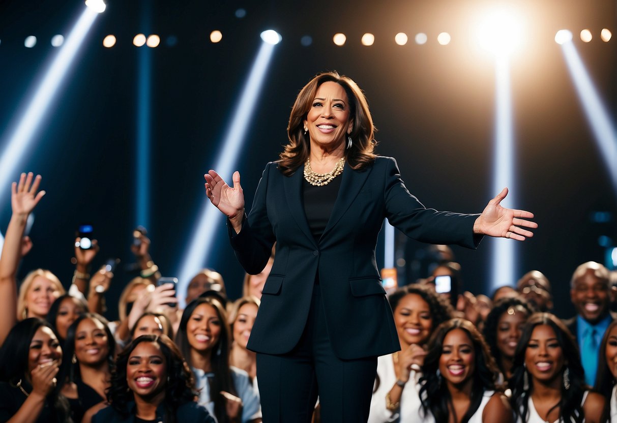 Kamala Harris stands on stage at BET Awards 2024, surrounded by cheering audience and bright lights. Cameras flash as she delivers a powerful speech