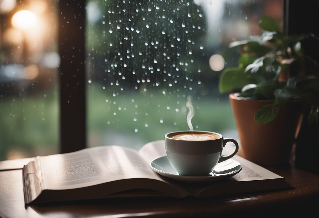 A cozy cafe with soft lighting, a steaming cup of coffee, and a stack of romantic novels. A gentle rain falls outside the window, creating a romantic and intimate atmosphere