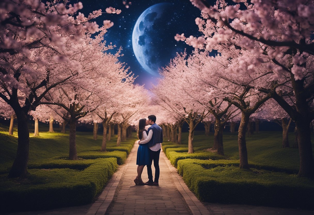 A couple embraces under a starry night sky, surrounded by blooming cherry blossom trees, creating a romantic and dreamy atmosphere