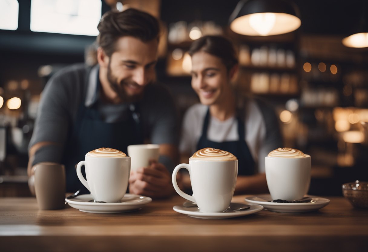 A cozy cafe with soft lighting, filled with shelves of romantic novels and a chalkboard menu. A couple sits at a small table, lost in conversation, while a barista prepares a heart-shaped latte art