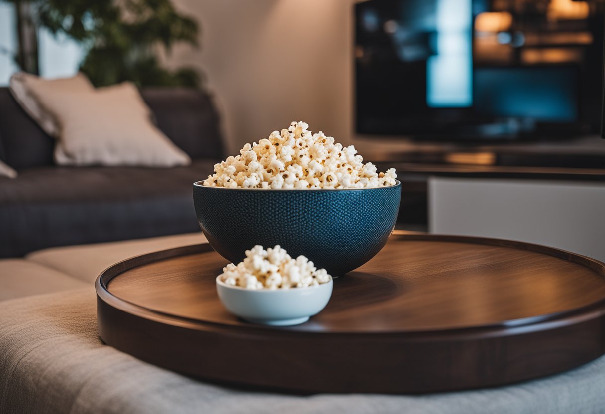 A cozy living room with a TV playing romantic dramas, a stack of DVDs, and a bowl of popcorn on the coffee table