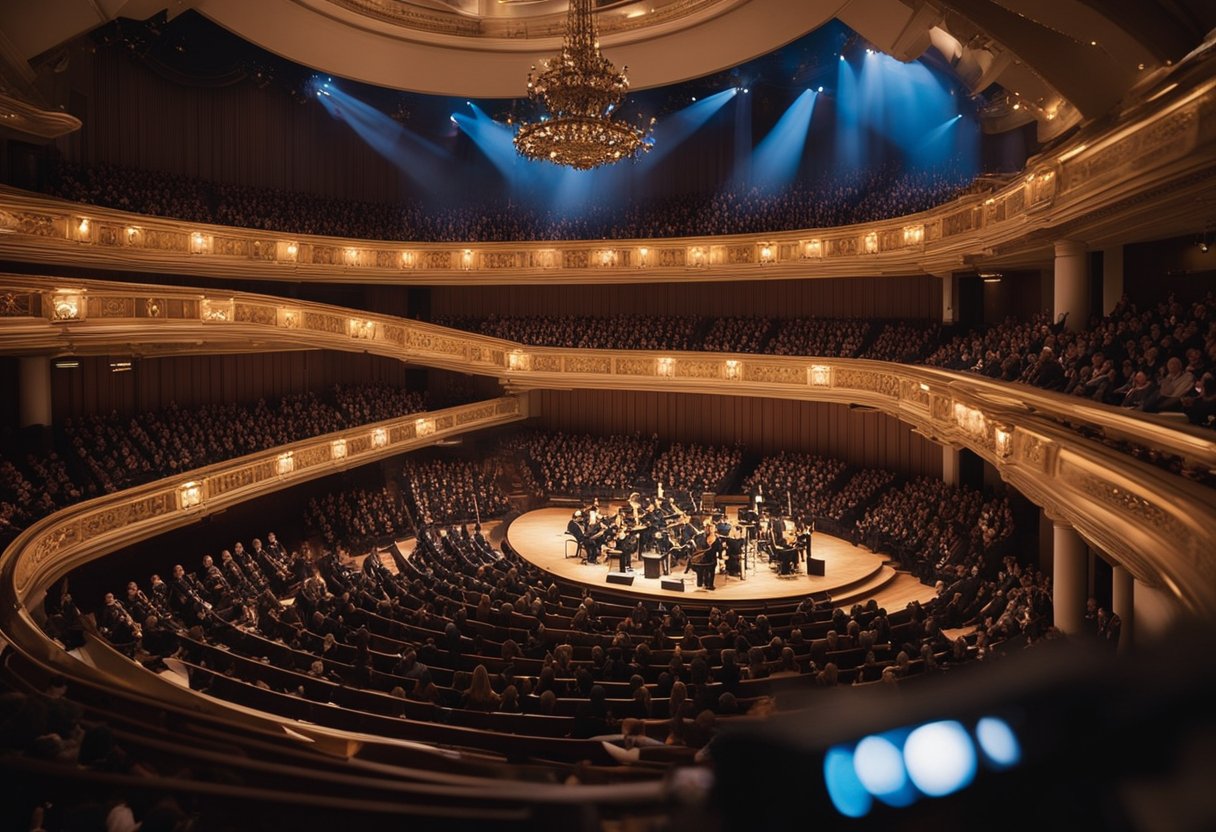 A romantic drama soundtrack concert featuring notable composers and their works, set in a grand concert hall with elegant lighting and a passionate audience