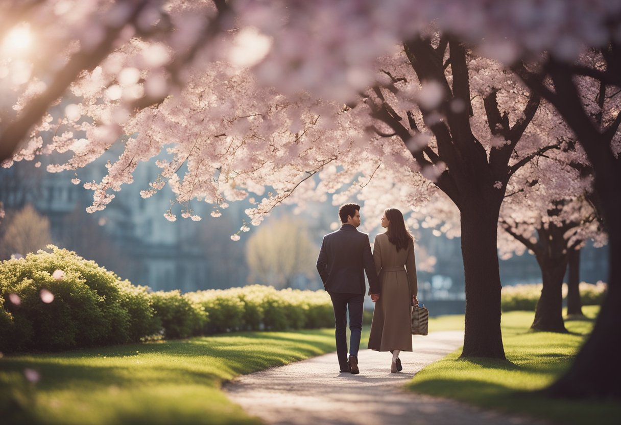 A couple walks hand in hand through a picturesque park, surrounded by blooming cherry blossoms and a soft, romantic melody playing in the background