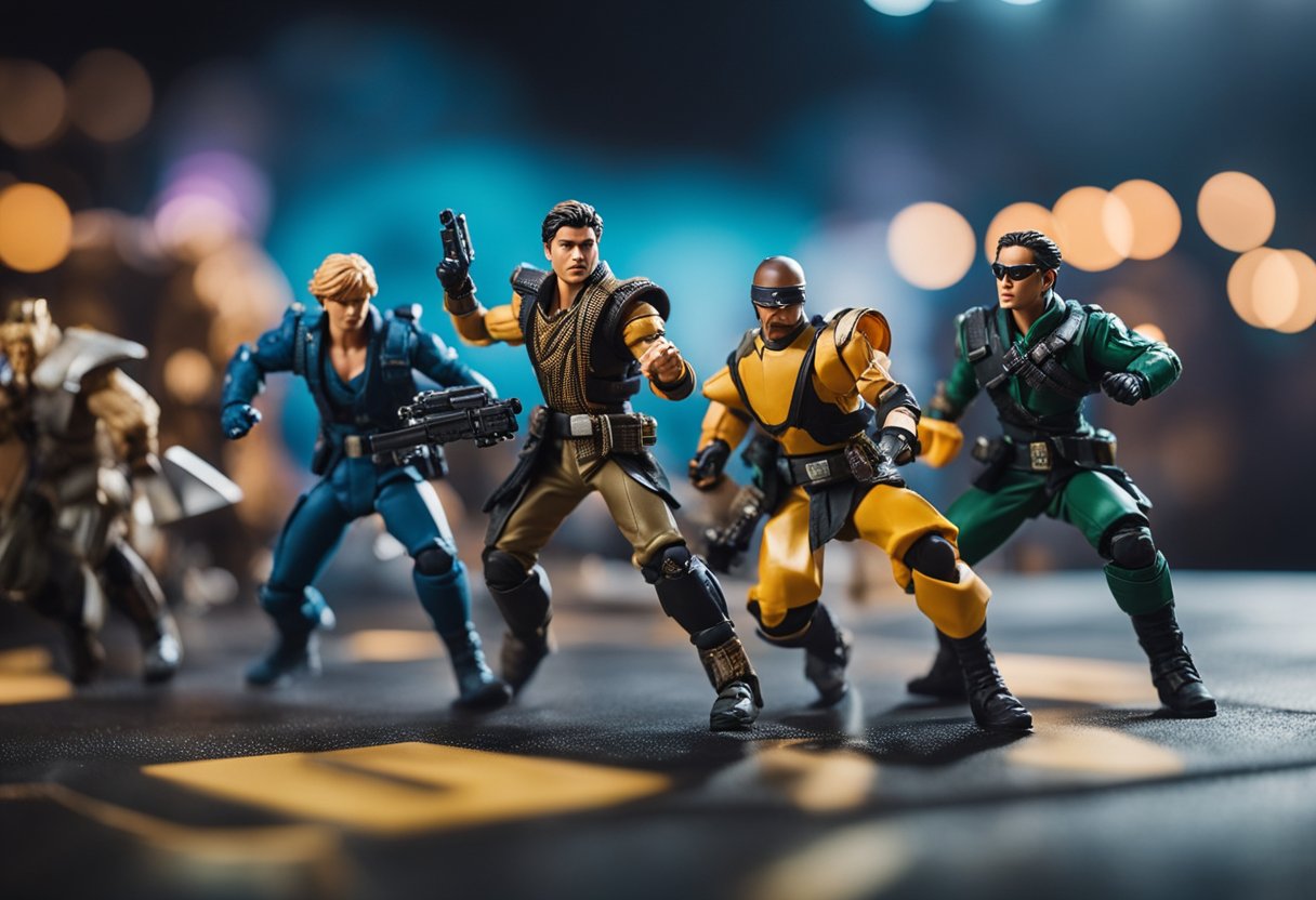 A group of dynamic and intense action figures from popular Doramas, engaged in dramatic combat poses, with vibrant colors and dynamic lighting