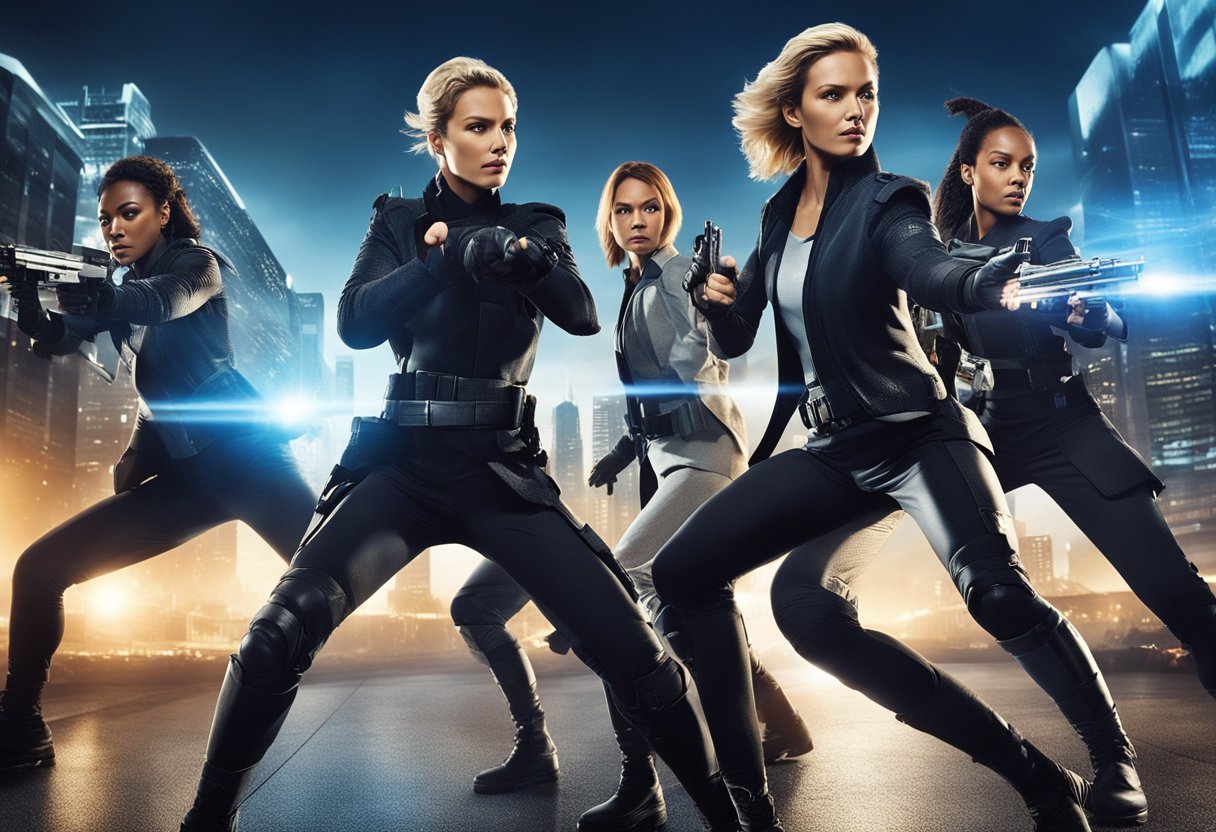 A group of iconic female action characters from popular dramas engage in intense combat against a backdrop of futuristic cityscape and dynamic lighting