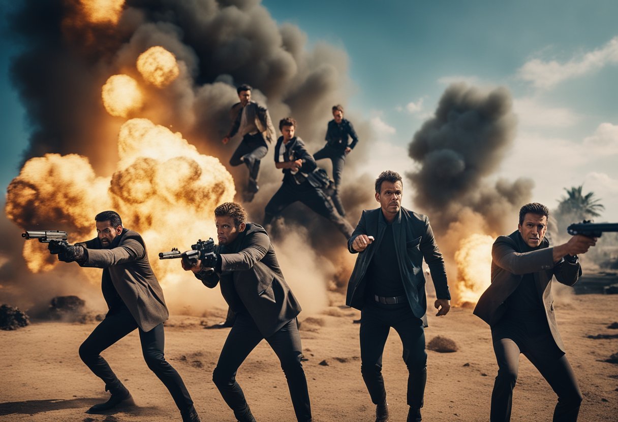 A group of iconic male action characters from popular dramas engage in an intense battle, surrounded by dramatic explosions and dynamic poses