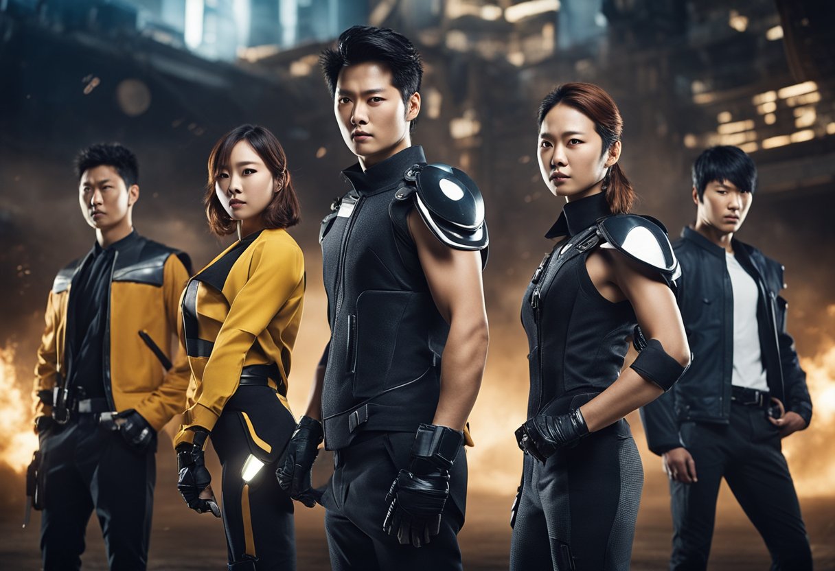 A group of dynamic action characters from popular doramas, showcasing their unique styles and personalities in a futuristic setting