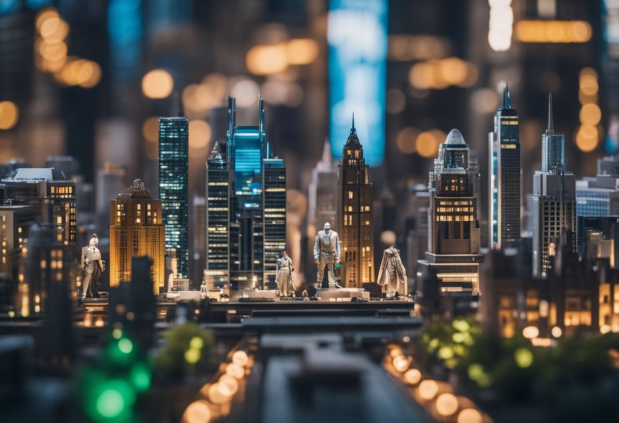 A vibrant city skyline with iconic action figures from popular dramas, showcasing cultural impact and lasting legacy