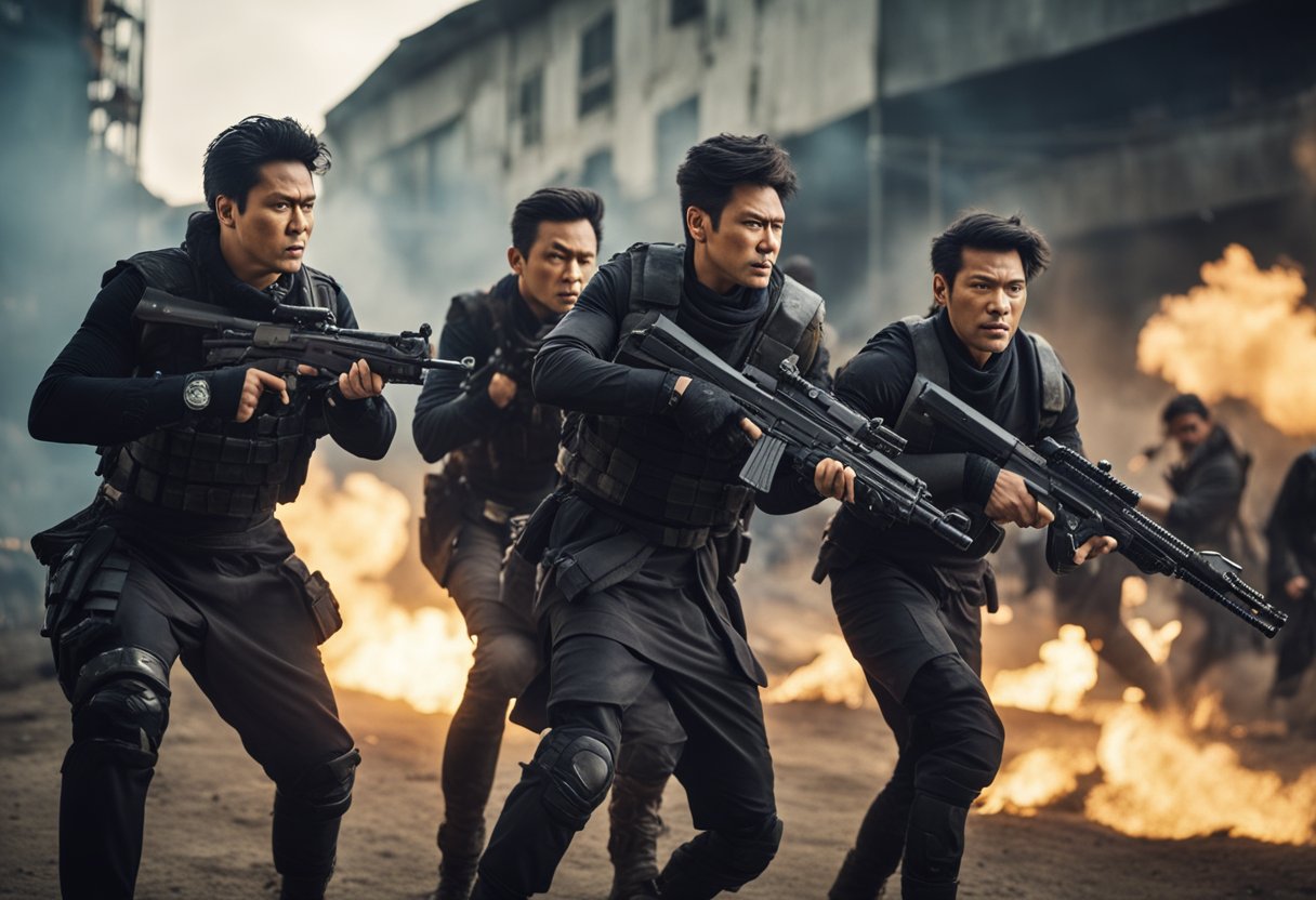 A group of action-packed characters from popular dramas in dynamic poses, ready for battle, with intense expressions and vivid costumes