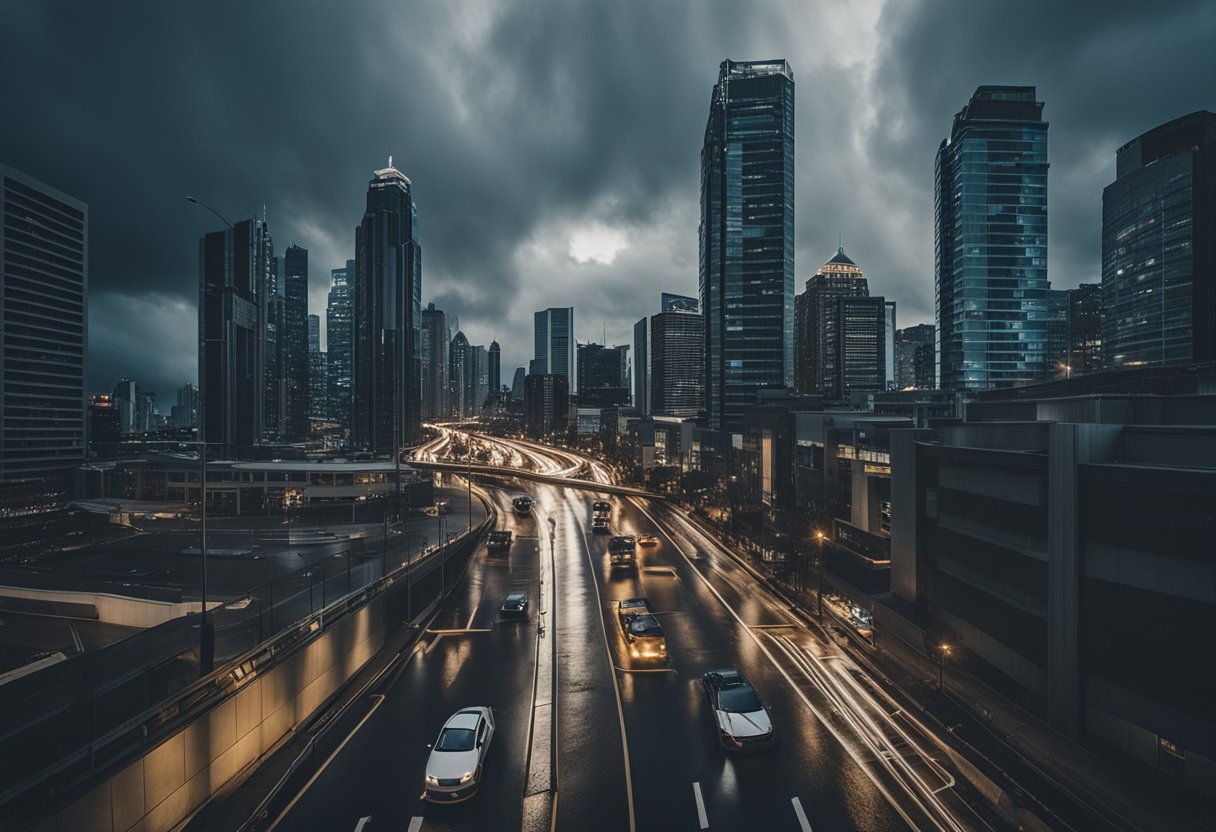 A dramatic action scene set in a bustling city, with cars racing through the streets and buildings towering in the background. The sky is filled with dark clouds, hinting at an impending storm