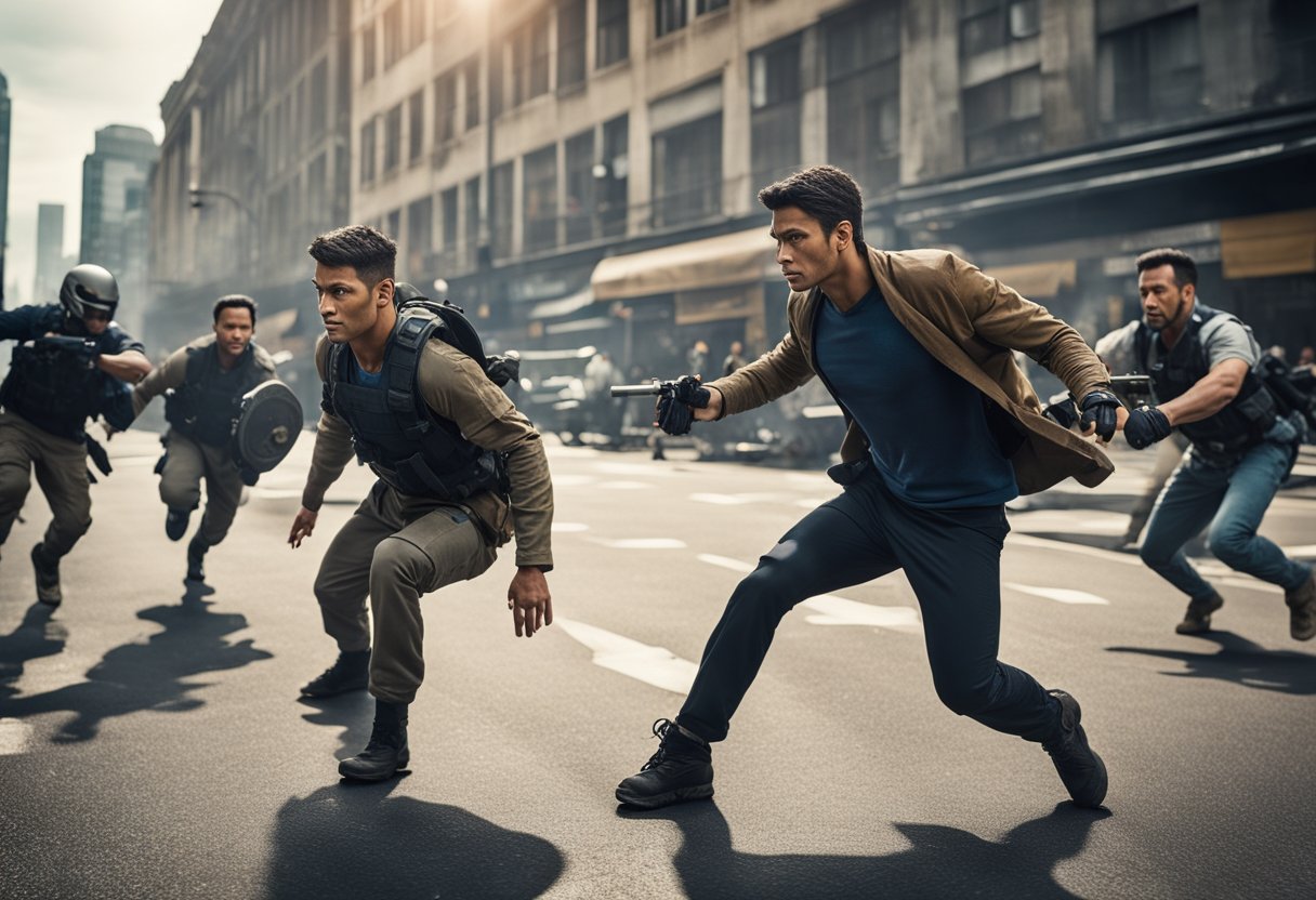 A dynamic action scene set in a bustling city, with characters engaged in intense combat and dramatic stunts, capturing the evolution of real-life inspired action dramas from 2020 to 2024