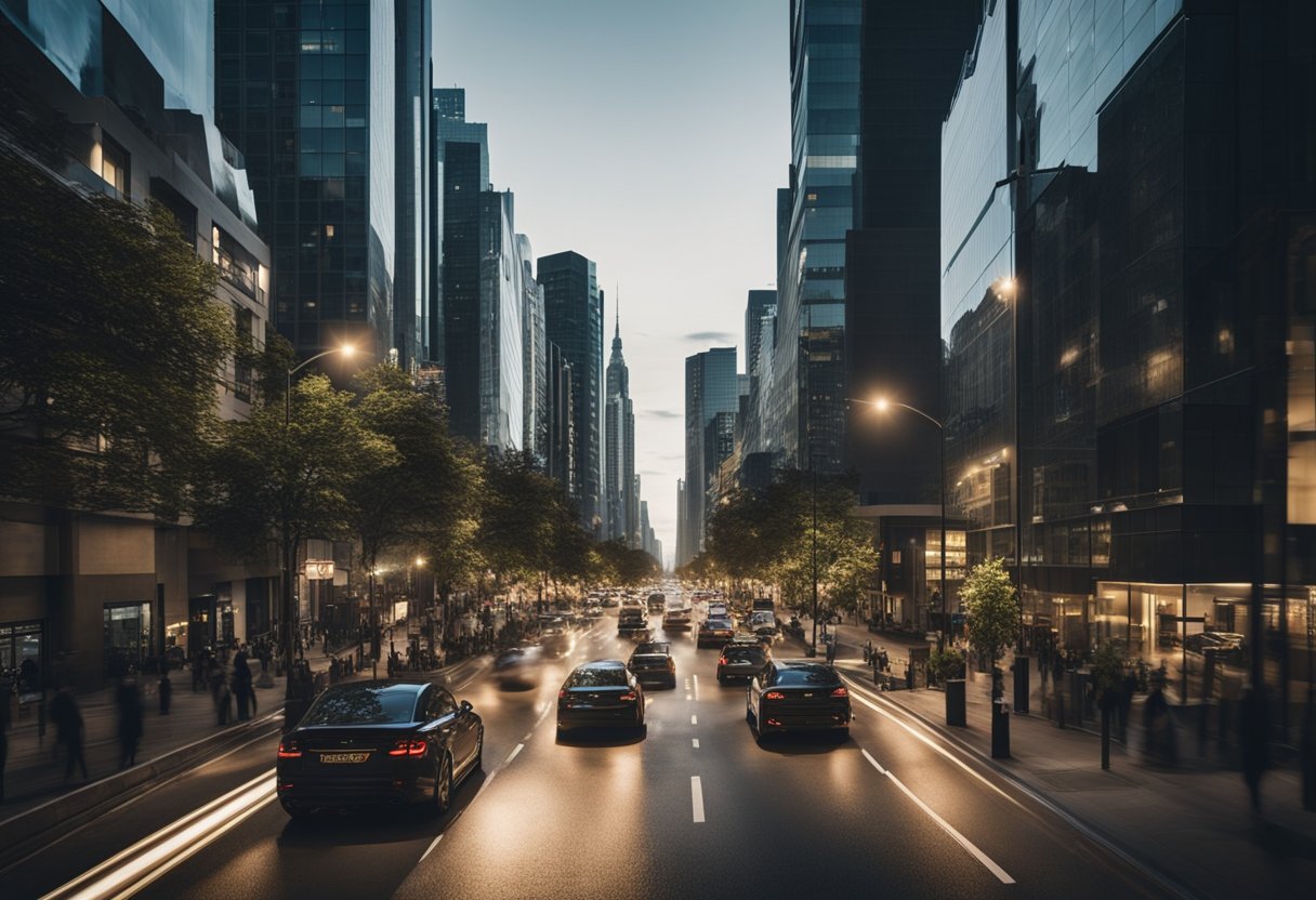 A dramatic action scene set in a bustling city, with buildings and cars in motion. The atmosphere is tense, with a sense of urgency and determination