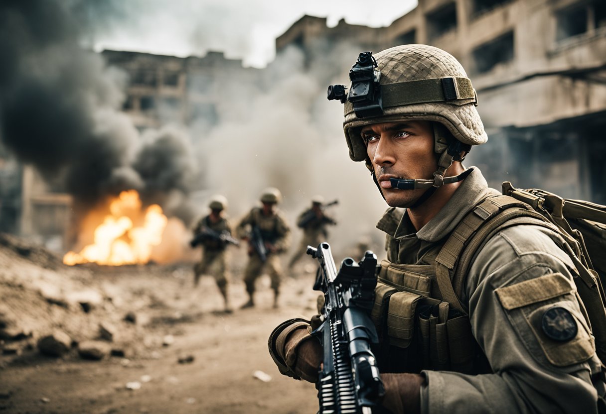 An intense battle scene set in a war-torn city, with explosions and gunfire in the background. Soldiers are shown in action, displaying courage and determination in the face of adversity