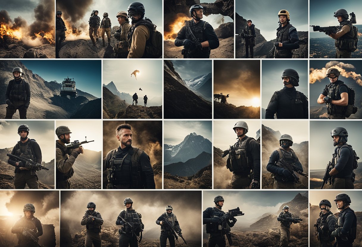 A group of action-packed scenes from real-life stories, showcasing dramatic moments and intense emotions, set against various backdrops and locations