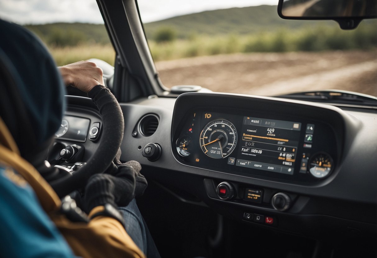 Rally car speeding through winding dirt track, co-driver reading pace notes, intense concentration, precision teamwork