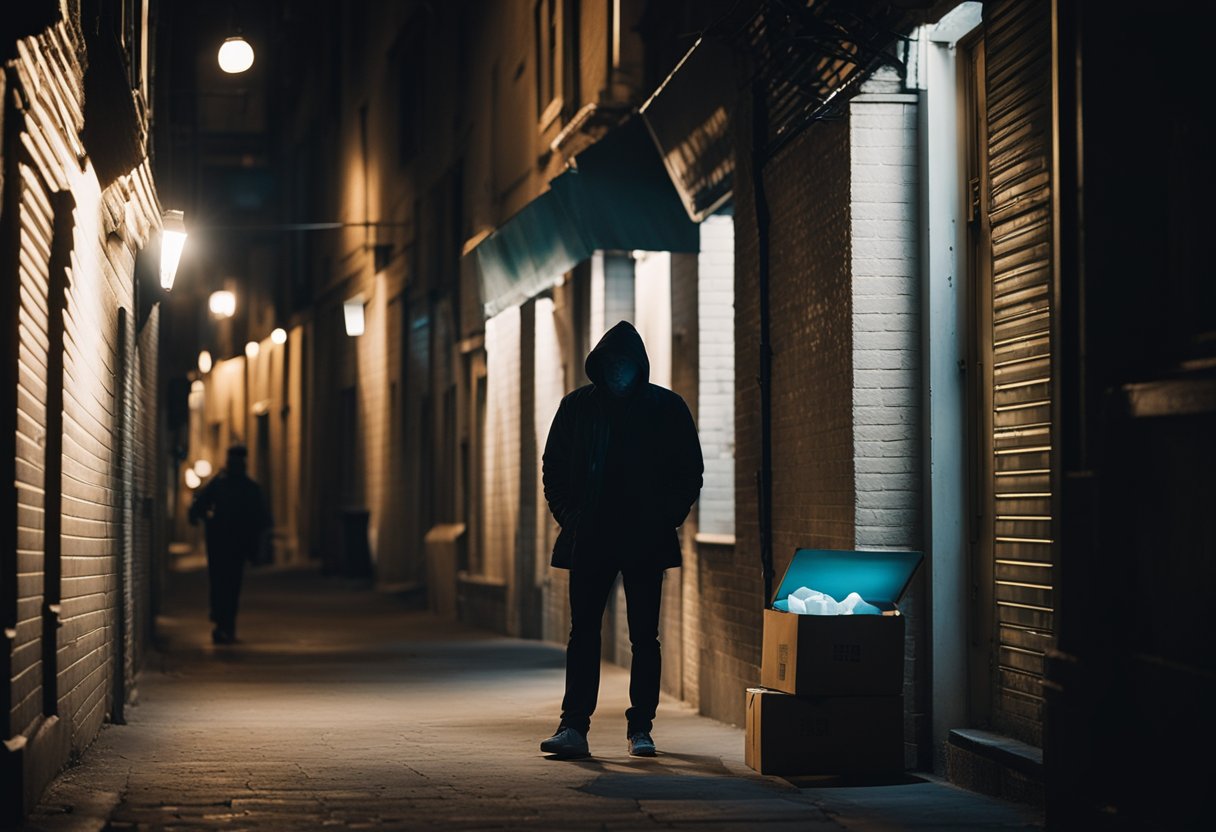 A shadowy figure lurks in the dimly lit alley, clutching a mysterious package. The eerie glow of a neon sign illuminates their tense expression as they glance over their shoulder, paranoia evident in their every movement