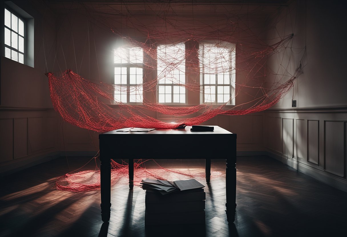 A dark, shadowy room with a single spotlight illuminating a table covered in scattered papers and a tangled web of red string connecting various clues. A sense of mystery and suspense fills the air as the plot twists of the suspenseful dramas unfold