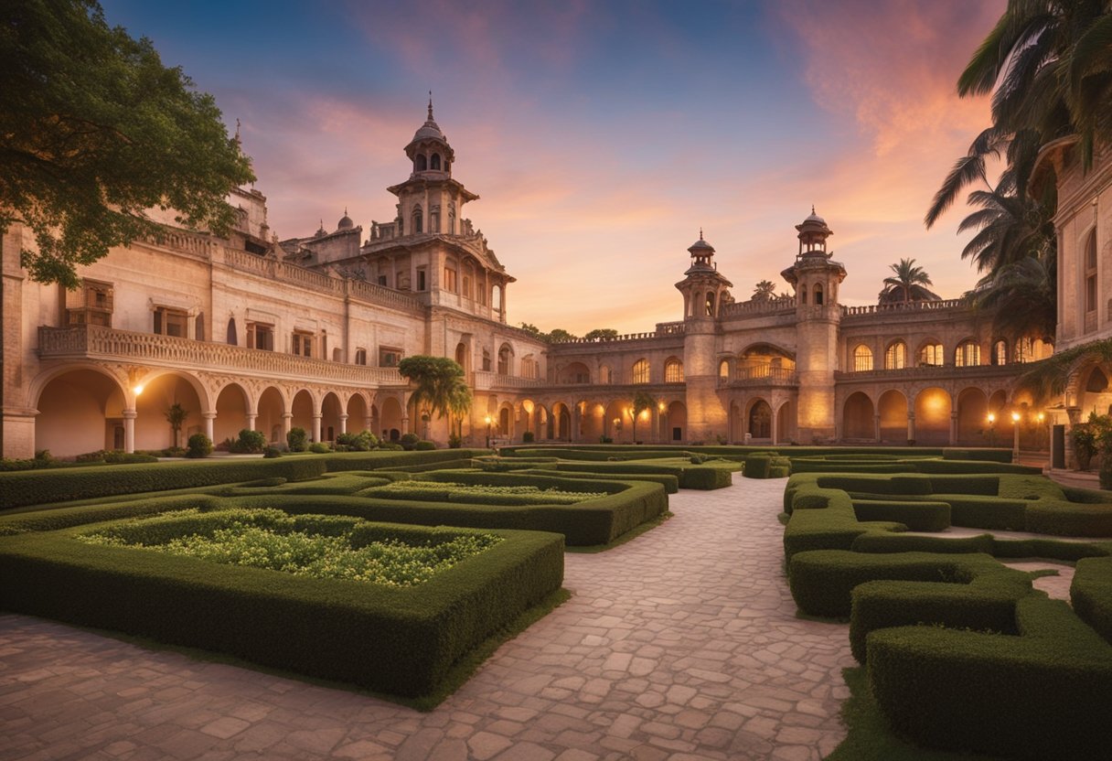 A majestic historical palace set against a vibrant sunset, with intricate architecture and lush gardens, showcasing the grandeur of historical dramas