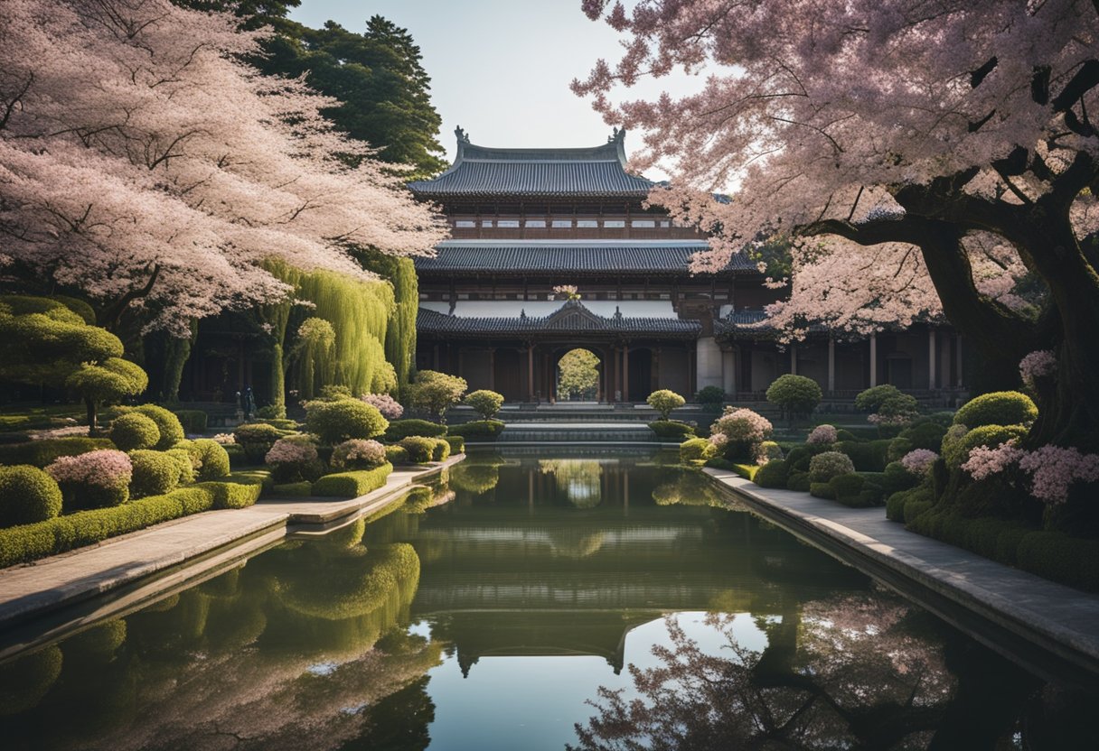 A majestic palace courtyard with intricate marble pillars, lush gardens, and a serene pond reflecting the vibrant colors of the surrounding cherry blossom trees