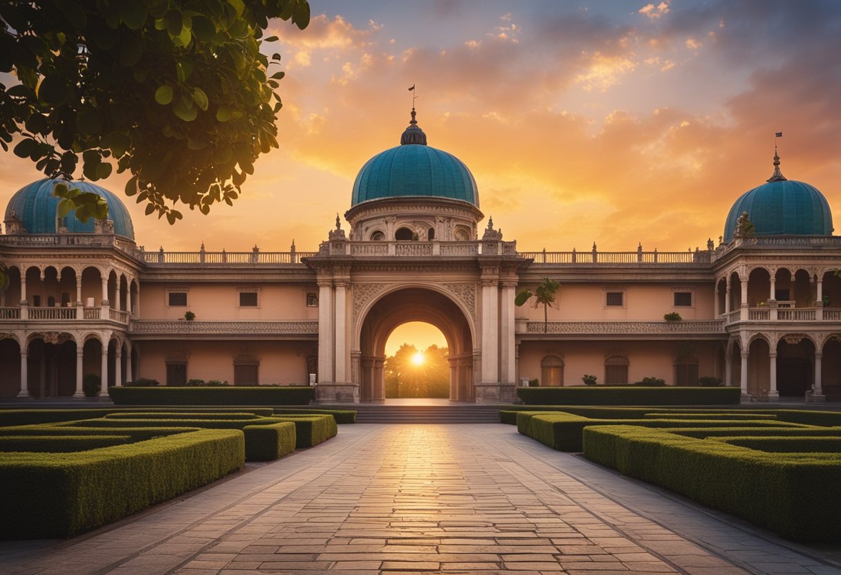 A grand historical palace set against a vivid sunset, with ornate architecture and lush gardens, creating a stunning backdrop for a dramatic historical drama