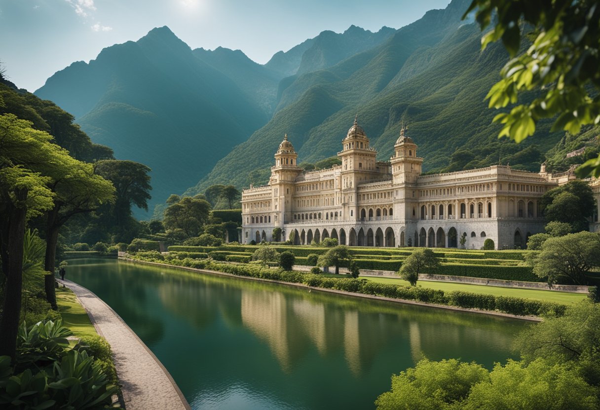 A grand historical palace surrounded by lush gardens and ornate architecture, set against a backdrop of majestic mountains and a serene river