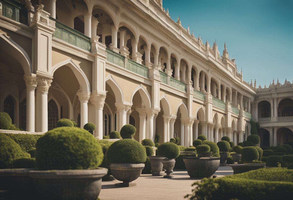 A royal court surrounded by opulent palaces and lush gardens, with nobles and officials engaged in heated discussions and power struggles