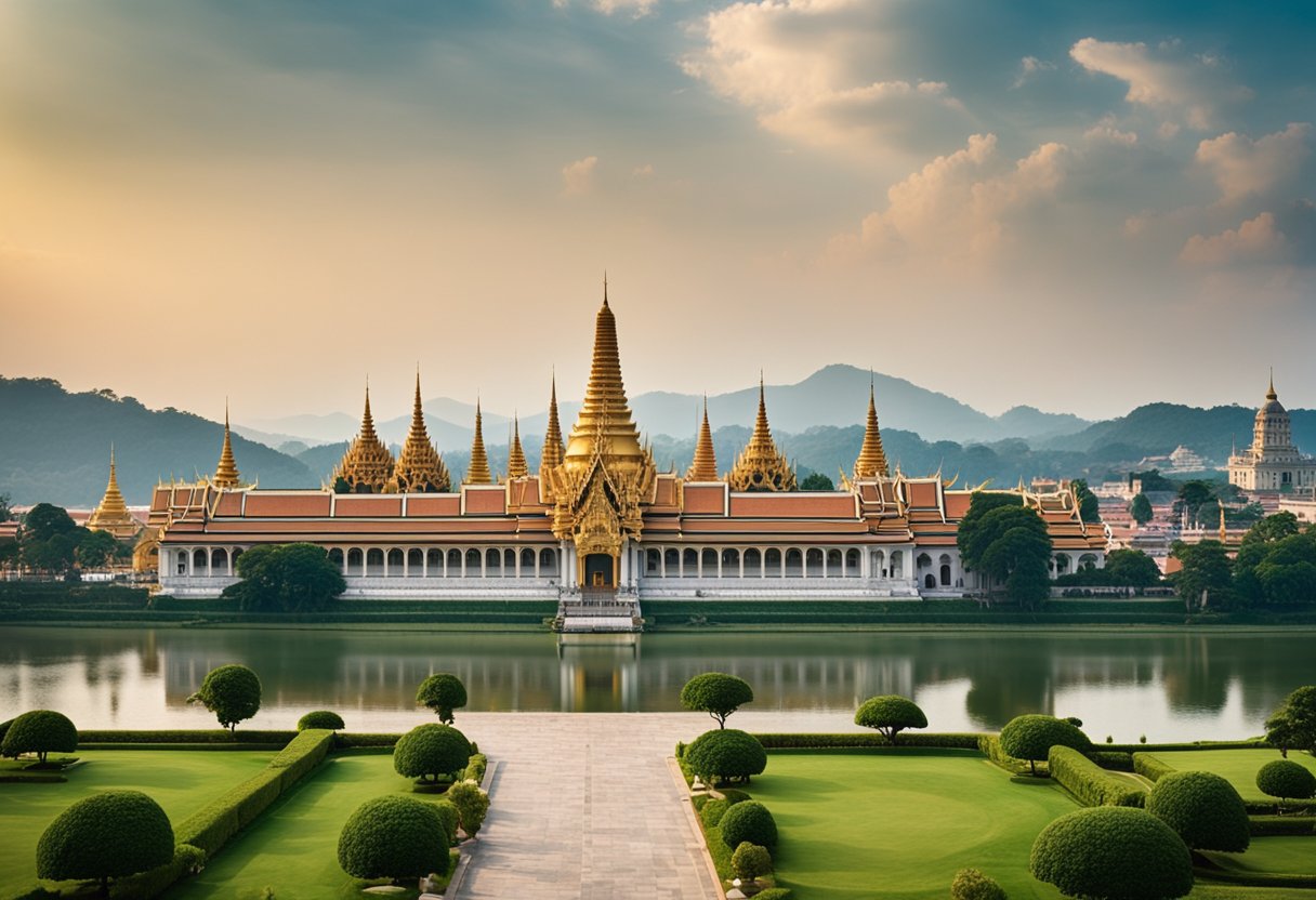 A grand palace with ornate architecture and lush gardens, set against a backdrop of rolling hills and a serene river, evoking a sense of power and history in historical dramas