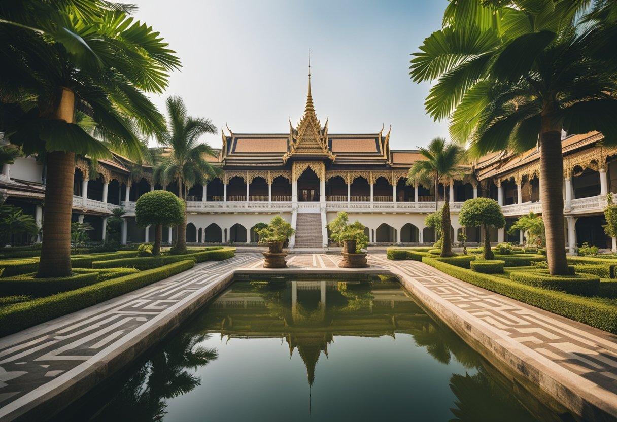 A grand palace courtyard, adorned with intricate traditional architecture and lush gardens, set against a backdrop of rolling hills and a serene river