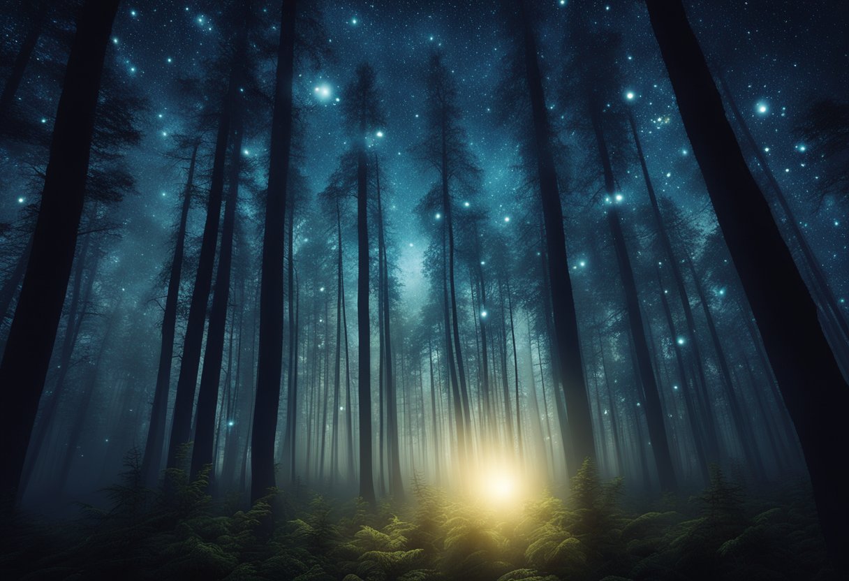 A mystical forest with glowing spirits and mythical creatures from popular dramas, set against a starry night sky