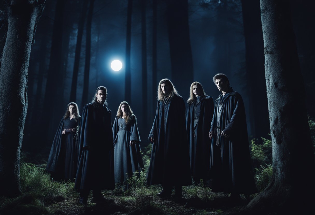 A group of supernatural creatures, including vampires, werewolves, and witches, gather in a moonlit forest clearing, their eyes glowing with power and mystery