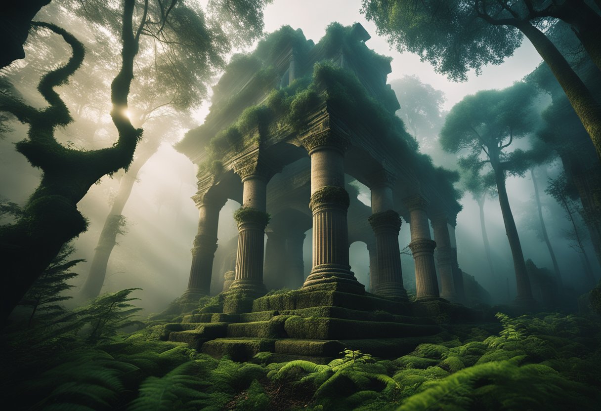 A mystical forest with glowing creatures and ancient ruins, surrounded by swirling mists and a sense of otherworldly power