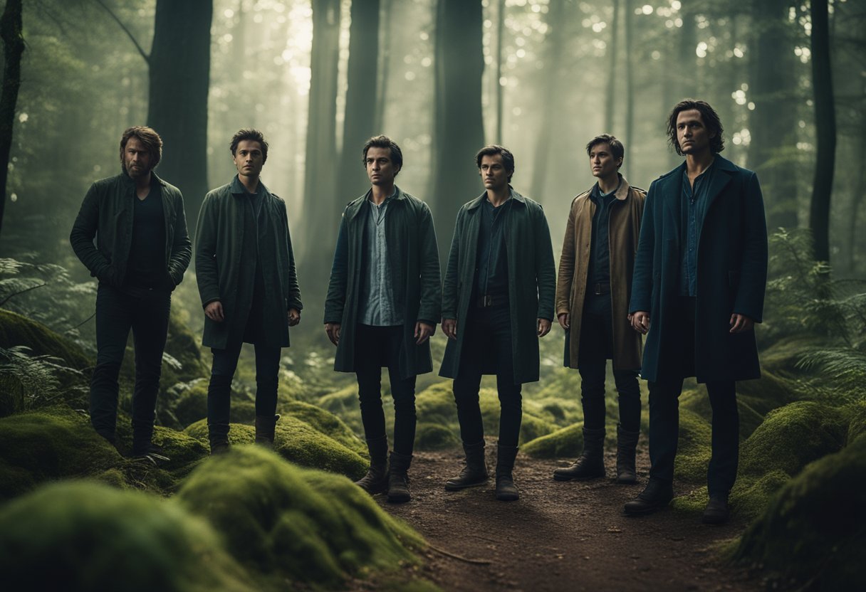 A group of supernatural characters from various dramas gather in a mystical forest, each exuding their unique aura, creating an enchanting and mysterious atmosphere