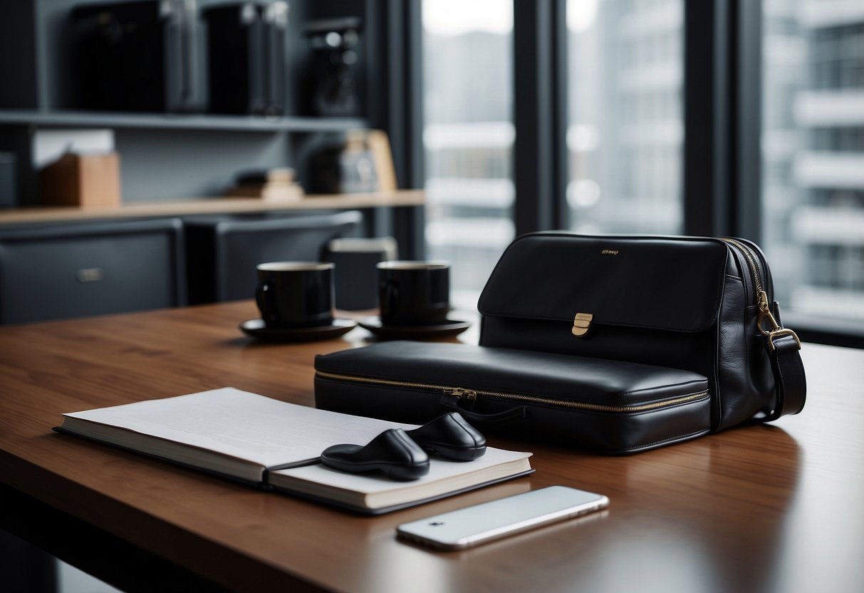 A modern office desk with a laptop, a sleek briefcase, and a neatly folded blazer and dress shirt. A pair of polished leather shoes sit neatly underneath the desk