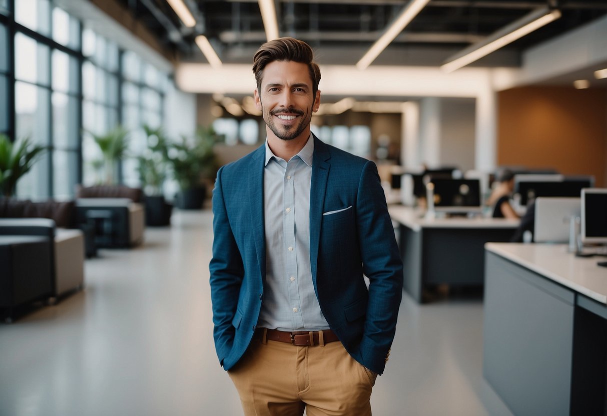 A modern office setting with a mix of neutral and bold colors in business casual attire. The evolution of men's fashion is evident in the diverse styles and color palettes