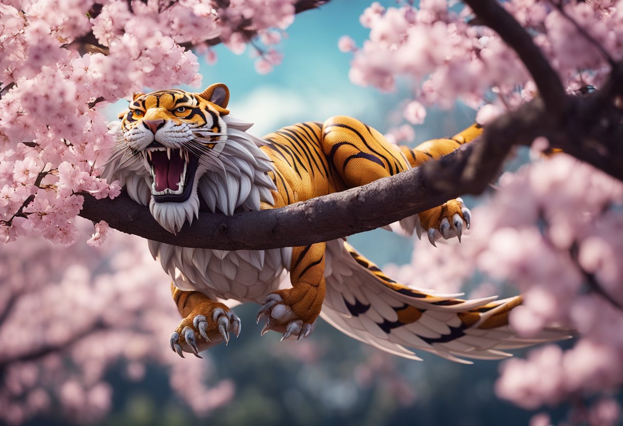 A mystical dragon coiled around a sacred cherry blossom tree, guarded by a fierce tiger, as a phoenix soars overhead