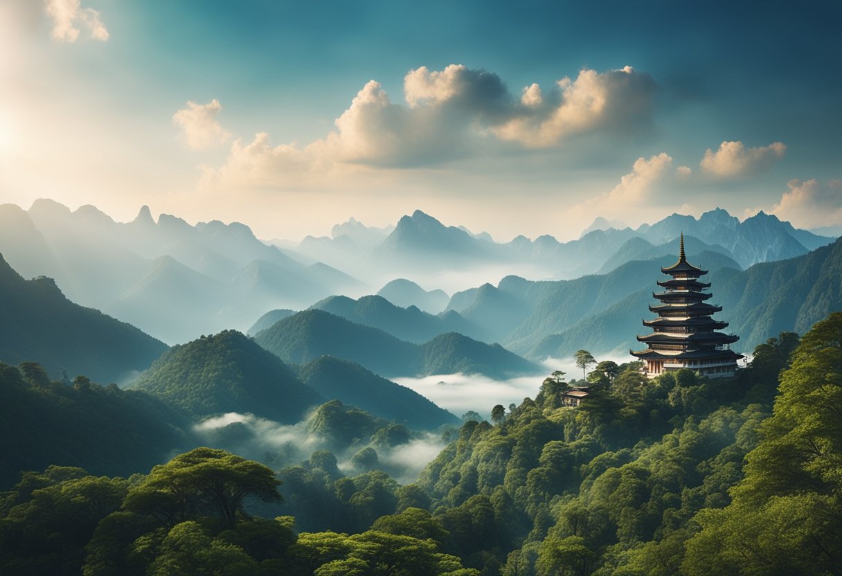 A sweeping view of fantastical landscapes inspired by Asian mythologies, featuring majestic mountains, mystical forests, and ancient temples