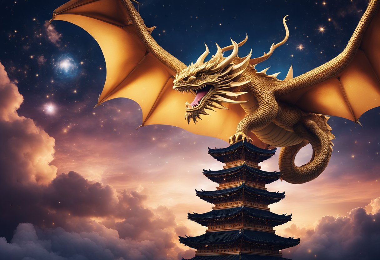 A majestic dragon soars through a vibrant sky, surrounded by swirling clouds and shimmering stars. Below, a lush landscape unfolds, filled with ancient temples and mystical creatures from Asian mythologies