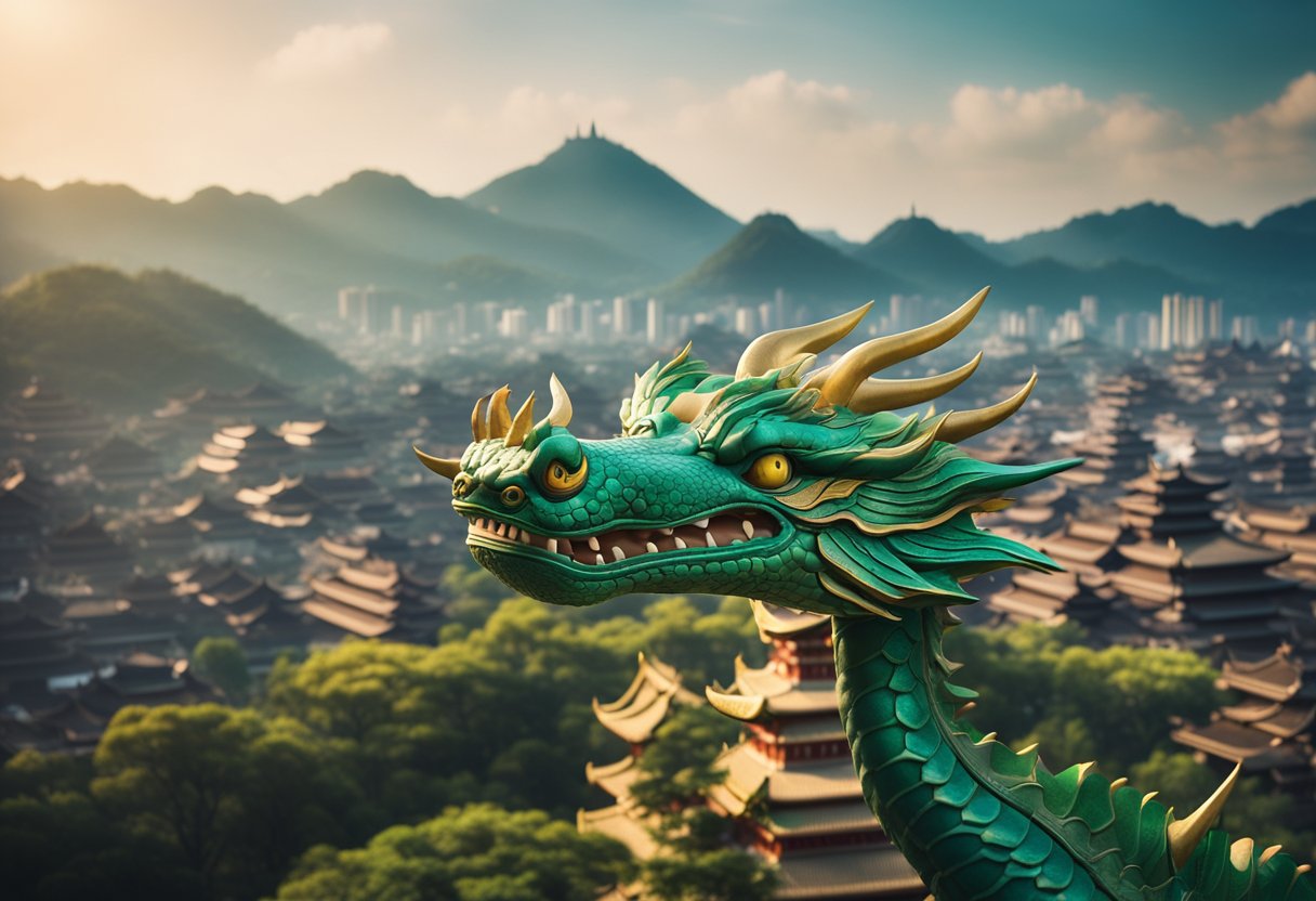 A mystical dragon soaring over a vibrant, ancient Asian city, surrounded by towering pagodas and lush, otherworldly landscapes