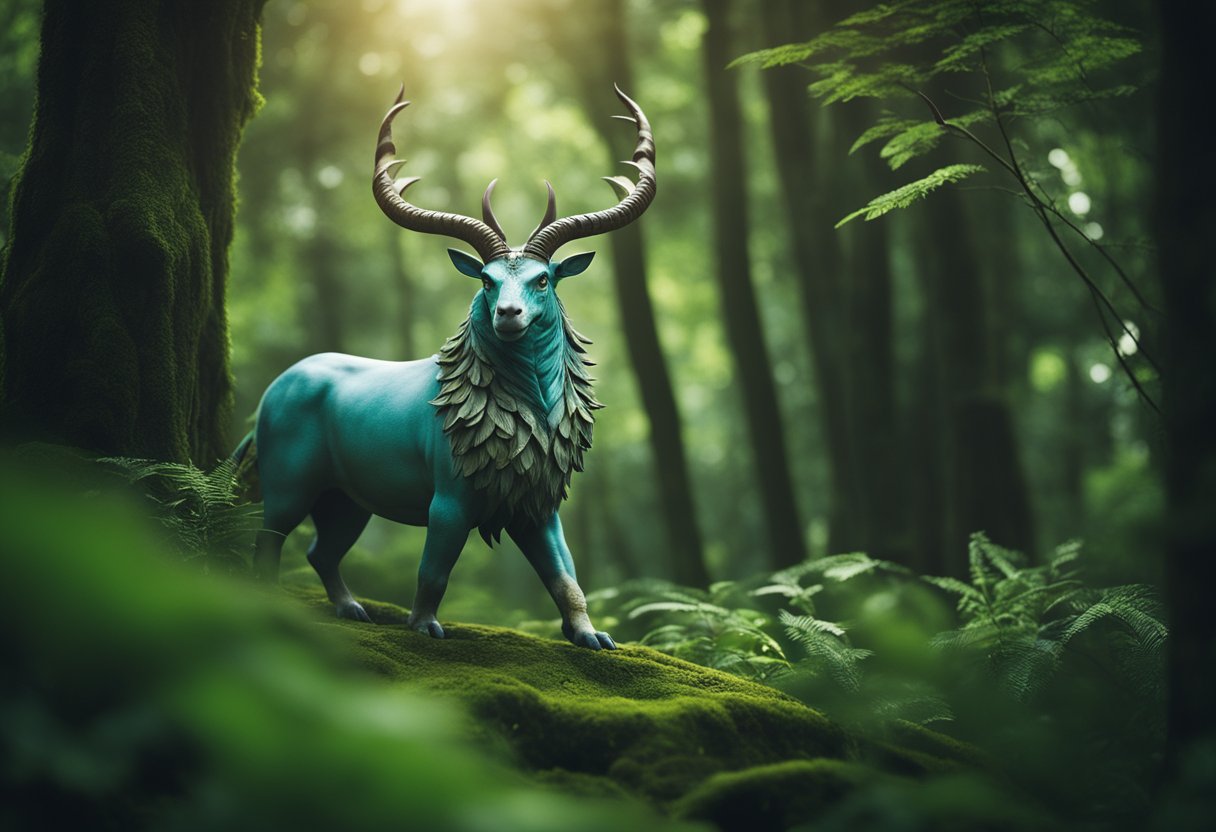 A mythical creature roams through a lush forest, surrounded by towering trees and mystical creatures from Asian mythology