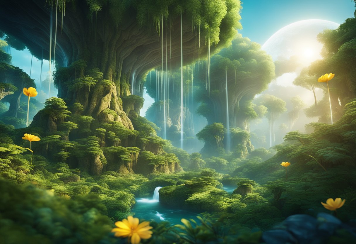 A magical forest with glowing flora and fauna, shimmering waterfalls, and floating islands in the sky, creating a breathtaking fantasy world