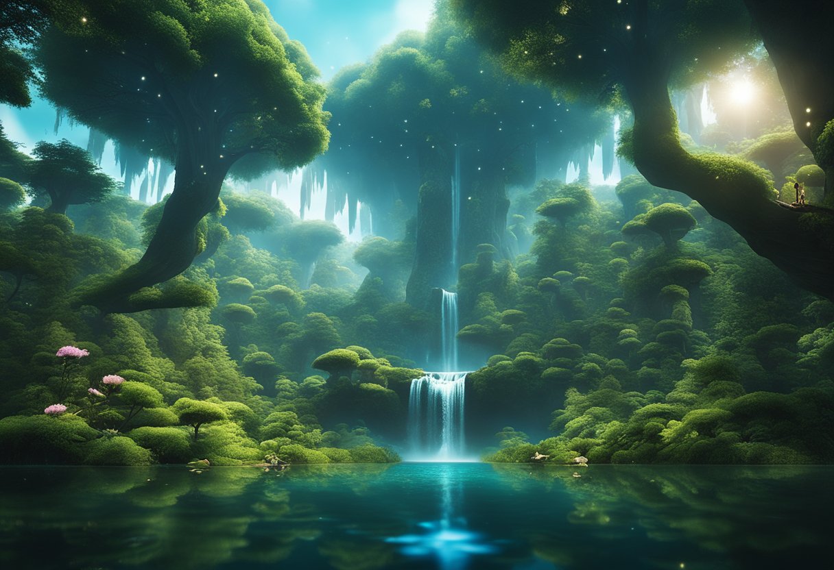 A mystical forest with glowing flora and fauna, shimmering waterfalls, and floating islands in the sky, surrounded by a magical aura